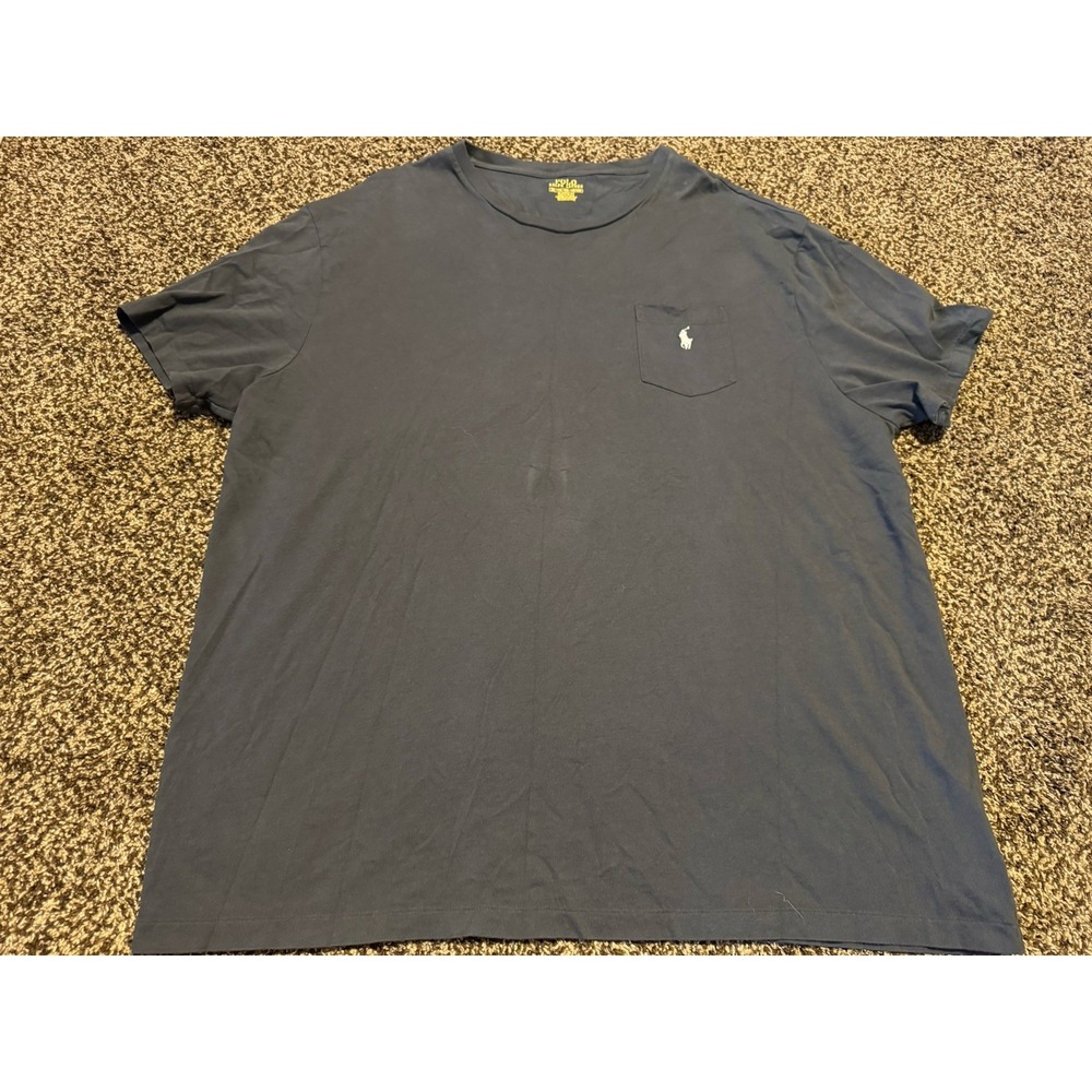 Polo Ralph Lauren XXL Men's T-Shirt Blue Crew Neck Pocket Logo 100% Cotton Knit